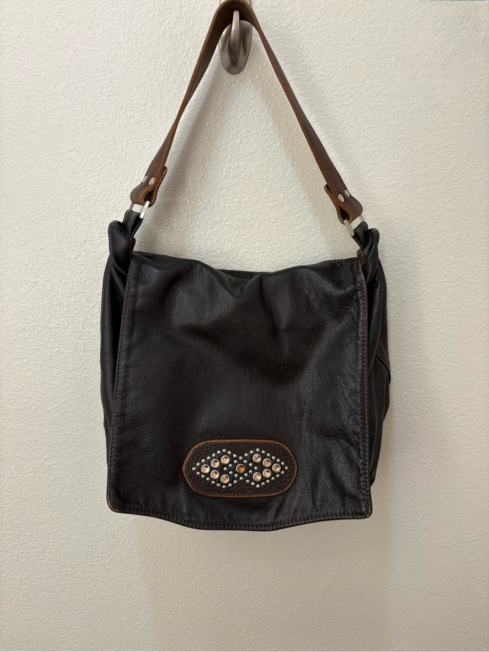 TYLIE MALIBU Dark Brown Leather Gem Studs Purse Handbag Flap Bag 14” Y2K
